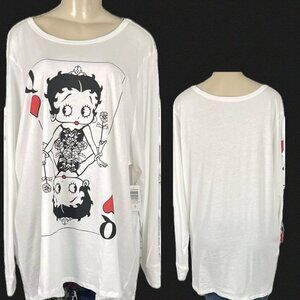Betty Boop +4 White Crew Queen Of Hearts Playing Card Graphic Long Sleeve Tee